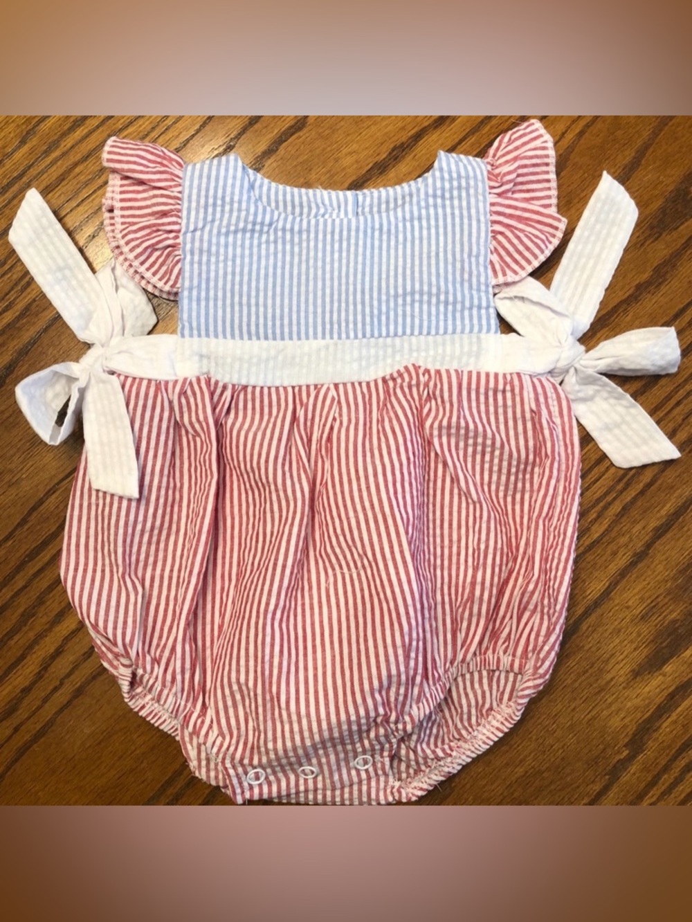Three Sisters Red & Blue Seersucker Baby Romper